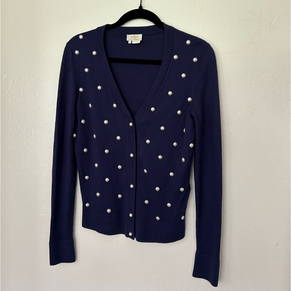 Kate Spade Navy Pearl Embellished Women's Cotton-Silk-Cashmere Cardigan Sweater